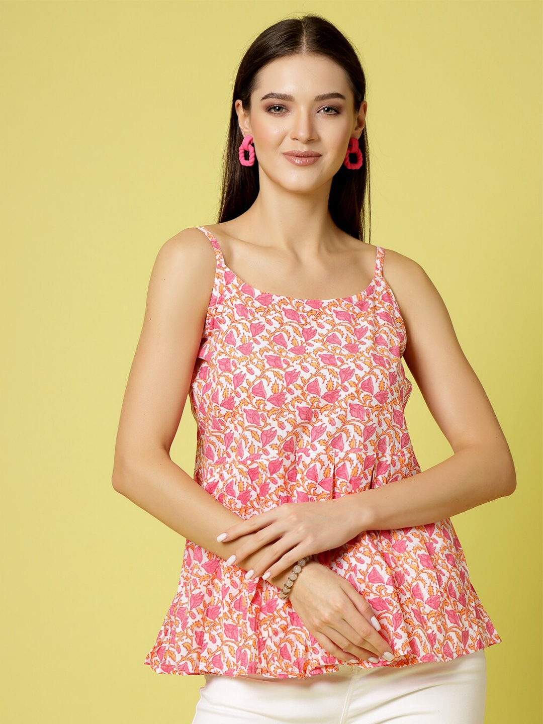 

ATRAENTA Floral Printed Cotton Empire Top, Pink