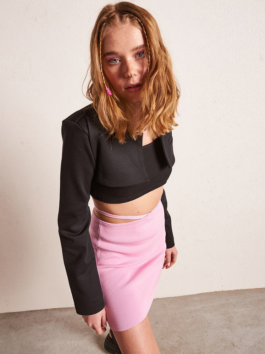 

PRET A TUER Long Sleeves Cotton Blazer Crop Jacket, Black