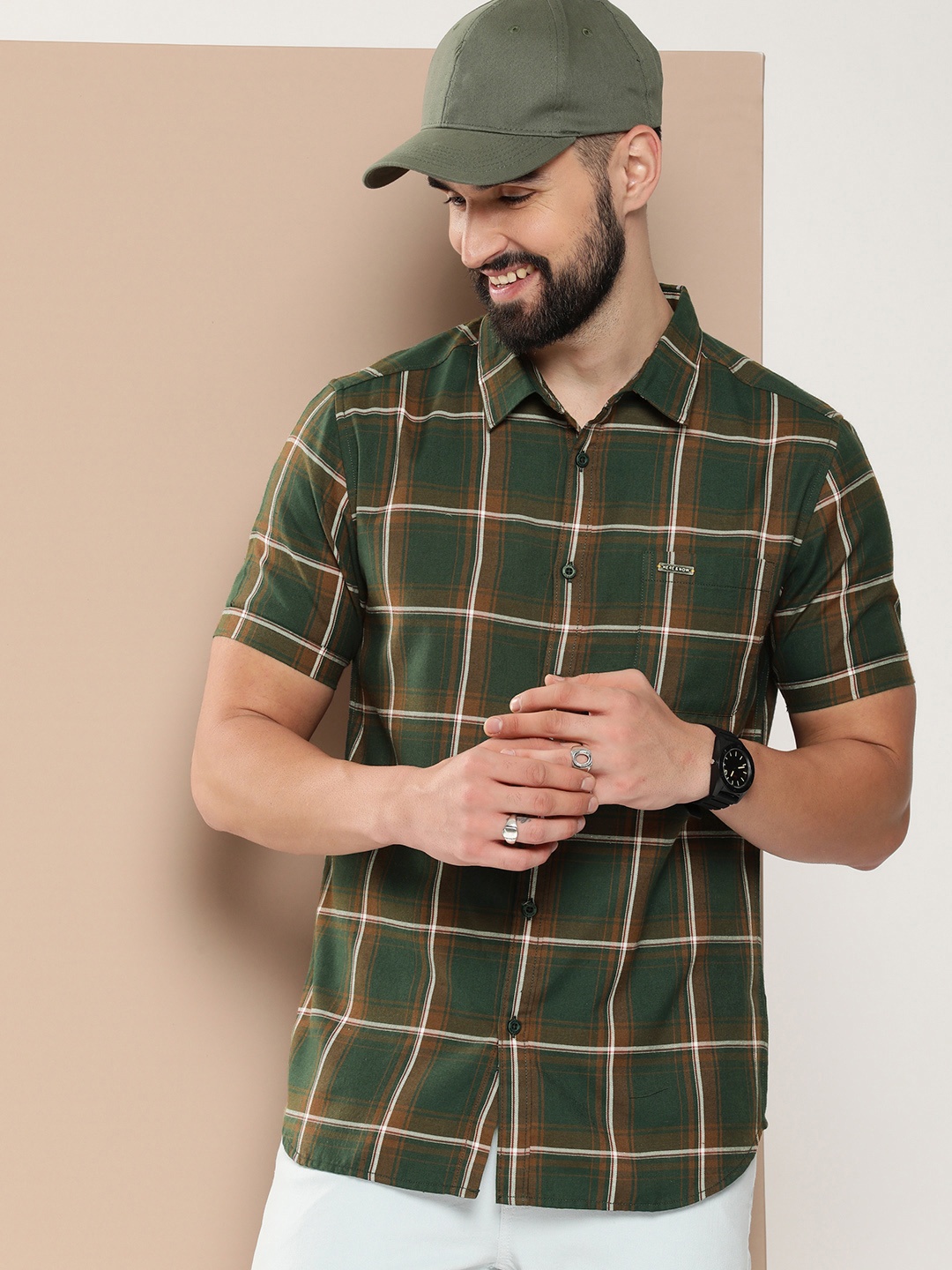 

HERE&NOW Men Slim Fit Opaque Checked Casual Shirt, Olive