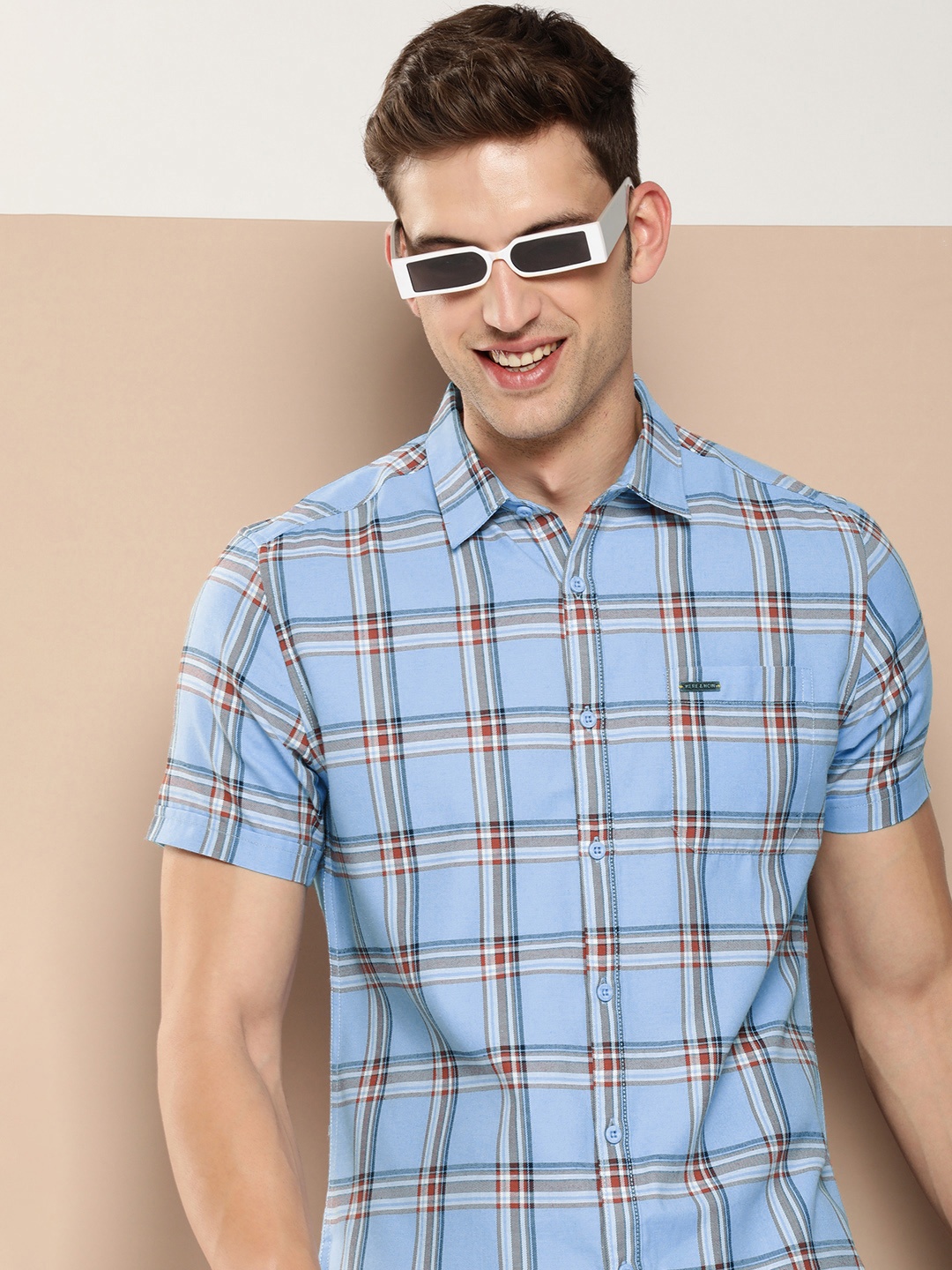 

HERE&NOW Men Slim Fit Tartan Checked Casual Shirt, Turquoise blue