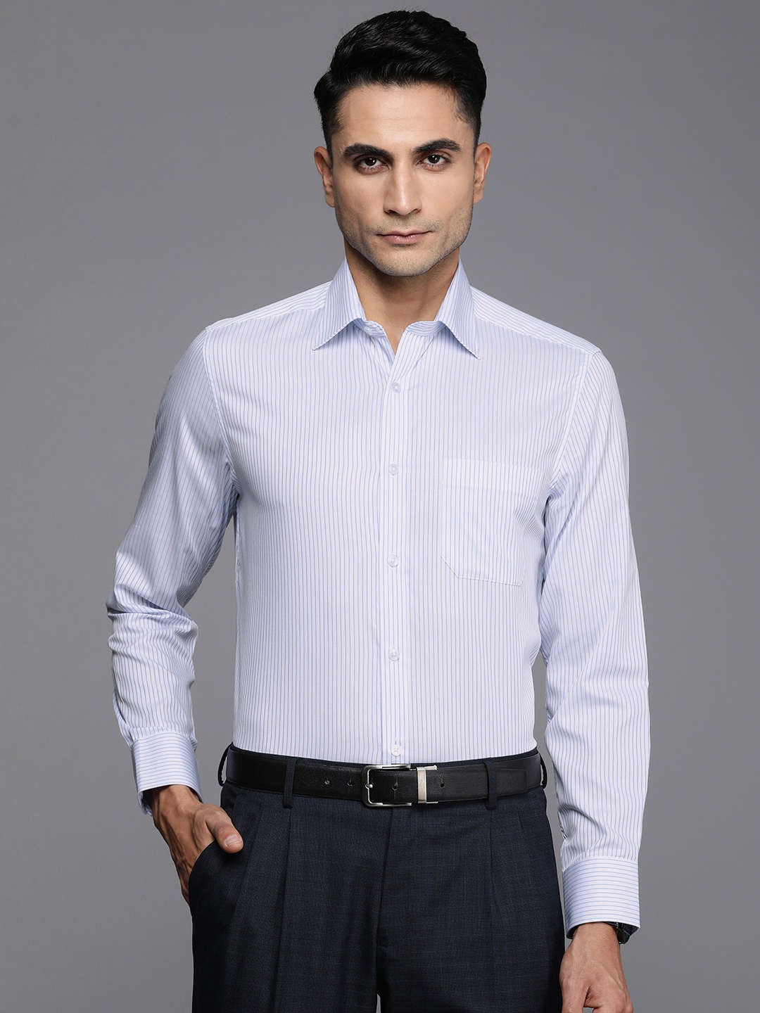 

Louis Philippe Pure Cotton Classic Fit Striped Formal Shirt, Blue