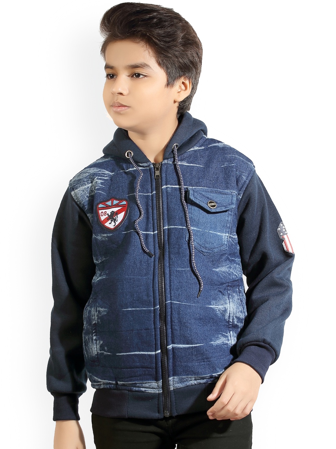 

BAESD Boys Hooded Neck Patch Work Denim Jacket, Navy blue