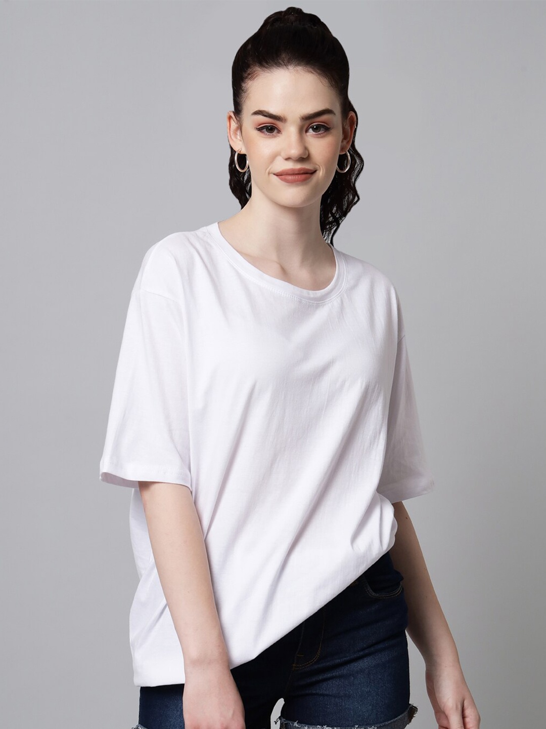 

Funday Fashion Drop-Shoulder Sleeves Cotton Oversized T-shirt, White