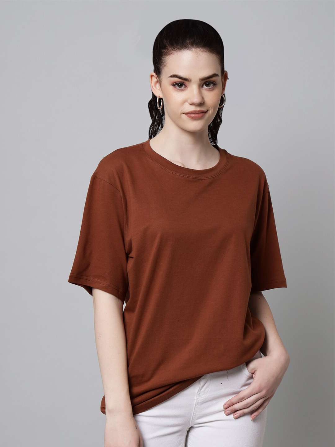 

Funday Fashion Drop-Shoulder Sleeves Cotton Oversized T-shirt, Brown
