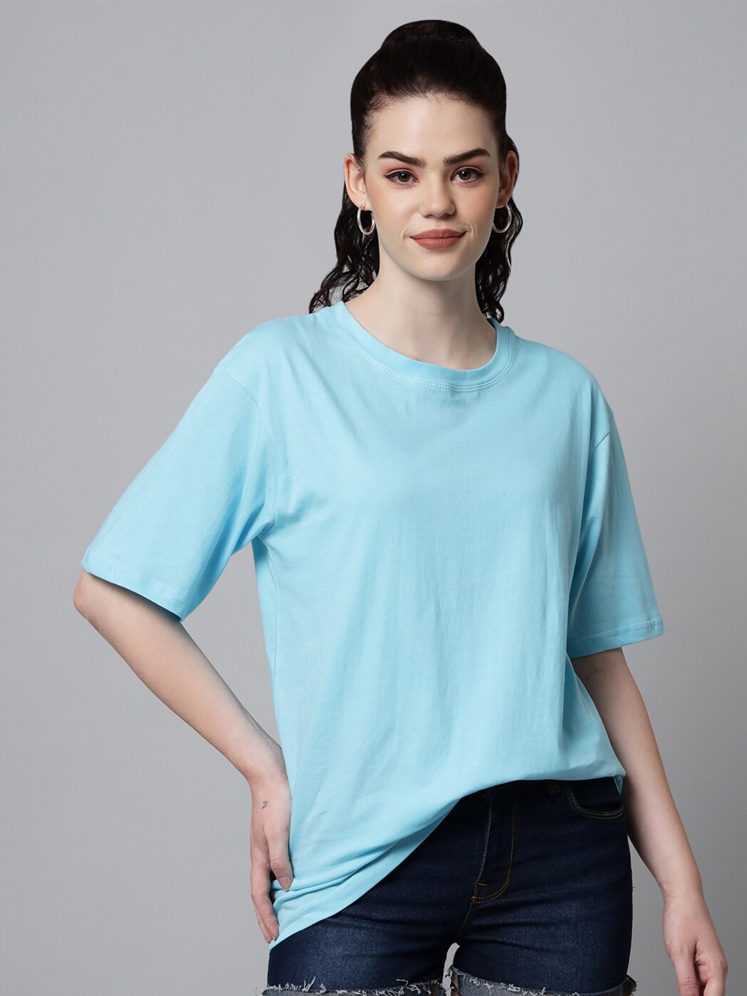 

Funday Fashion Round Neck Oversized Cotton T-shirt, Blue