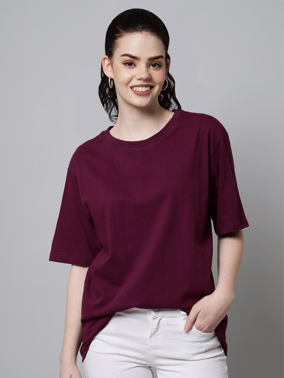 

Funday Fashion Drop-Shoulder Sleeves Oversized Cotton T-shirt, Burgundy