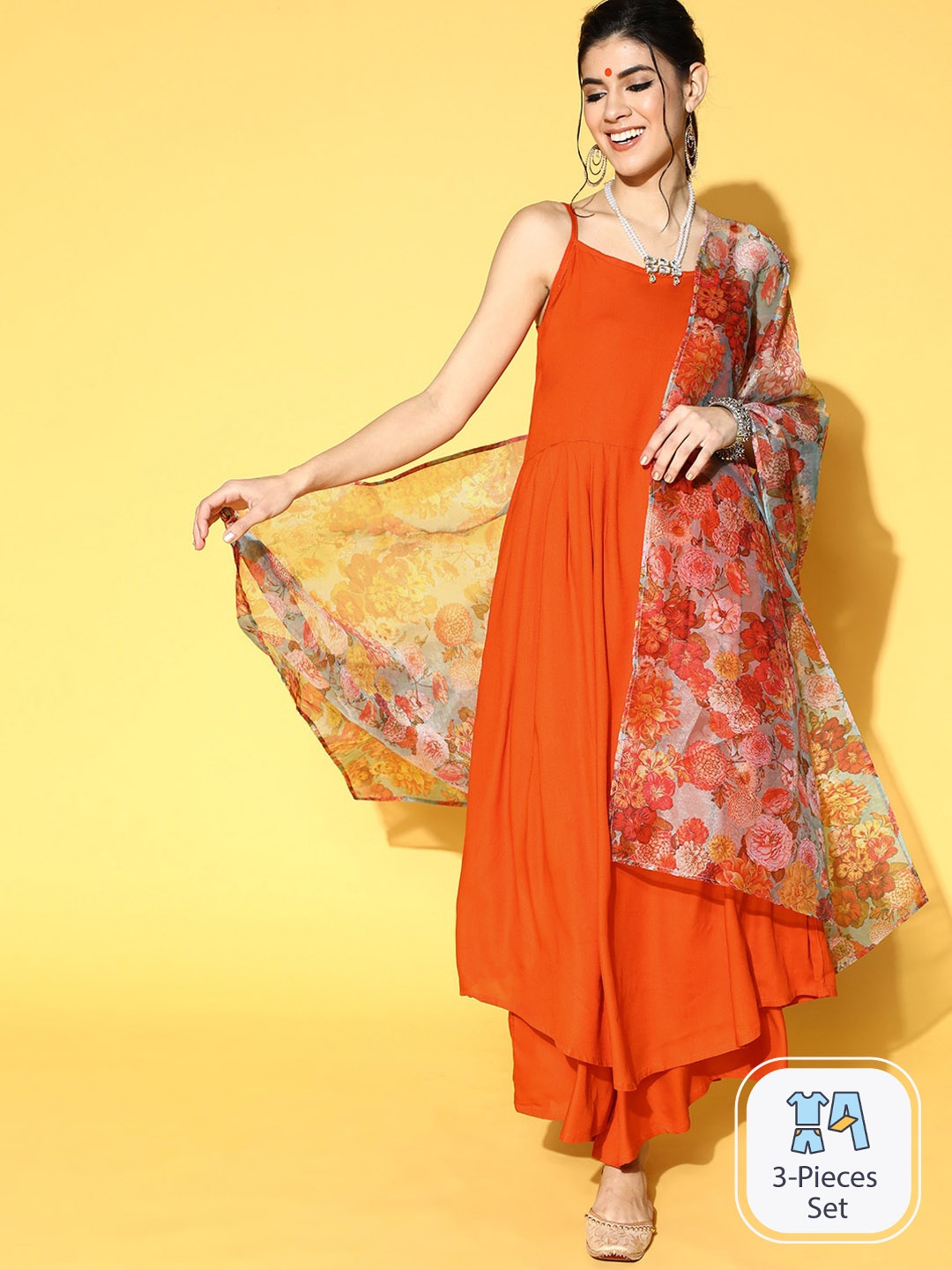 

InWeave Shoulder Straps A-Line Kurta & Palazzos With Dupatta, Orange