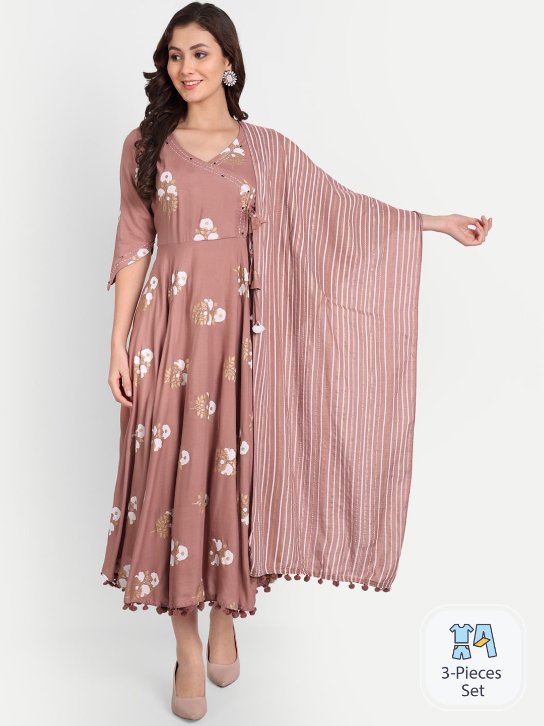 

TREND ME Floral Printed Fit and Flare Midi Ethnic Dress With Dupatta, Khaki