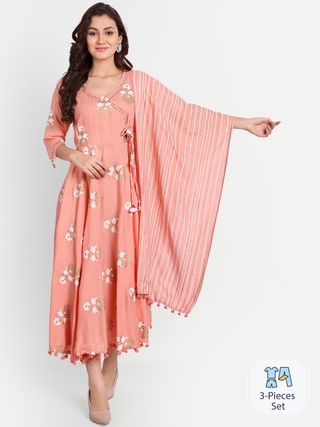 

TREND ME Floral Printed Fit and Flare Midi Ethnic Dress With Dupatta, Peach