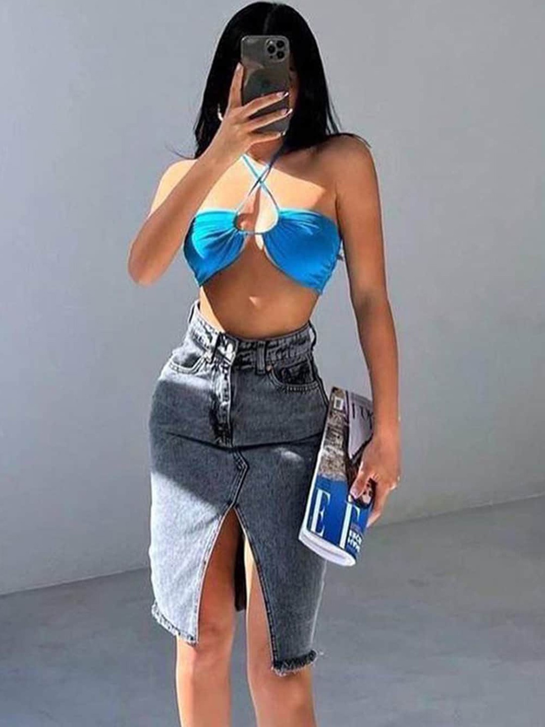 

StyleCast Black Knee-Length Denim Straight Skirt