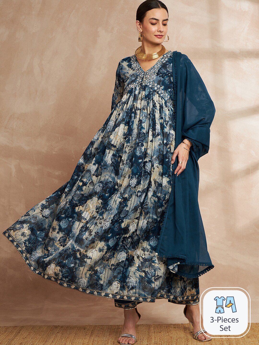 

all about you Floral Printed Thread Work Kurta Anarkali With Trousers & Dupatta, Blue