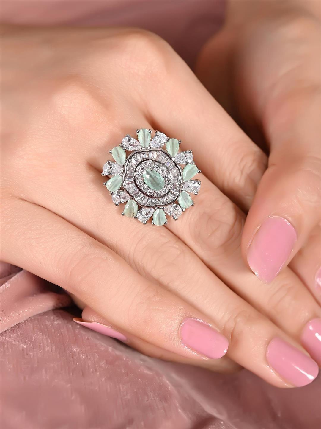 

RATNAVALI JEWELS Silver-Plated CZ Studded Finger Ring