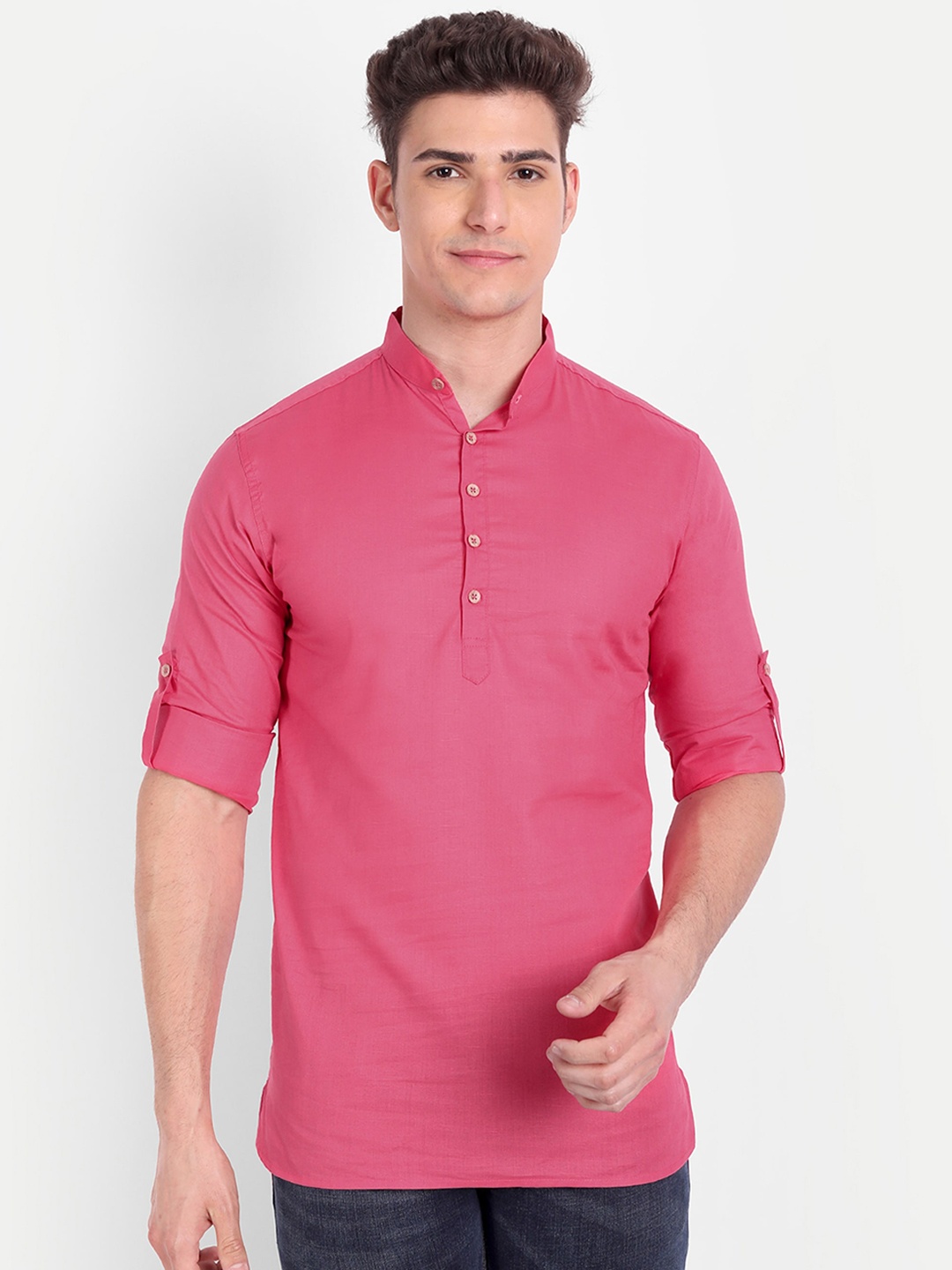 

Vida Loca Mandarin Collar Roll-Up Sleeves Cotton Short Kurta, Pink