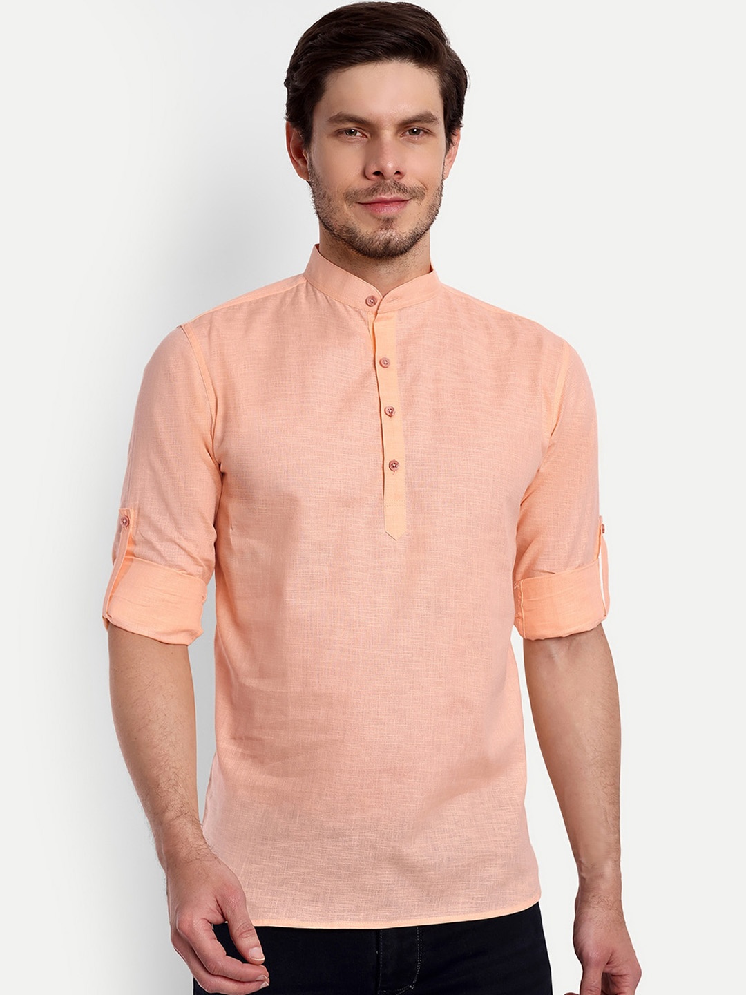 

Vida Loca Mandarin Collar Roll-Up Sleeves Pure Cotton Casual Straight Kurta, Orange