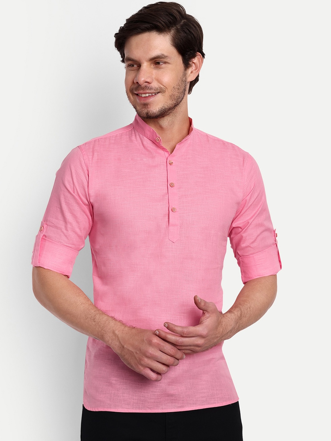 

Vida Loca Mandarin Collar Roll-Up Sleeves Pure Cotton Casual Straight Kurta, Peach