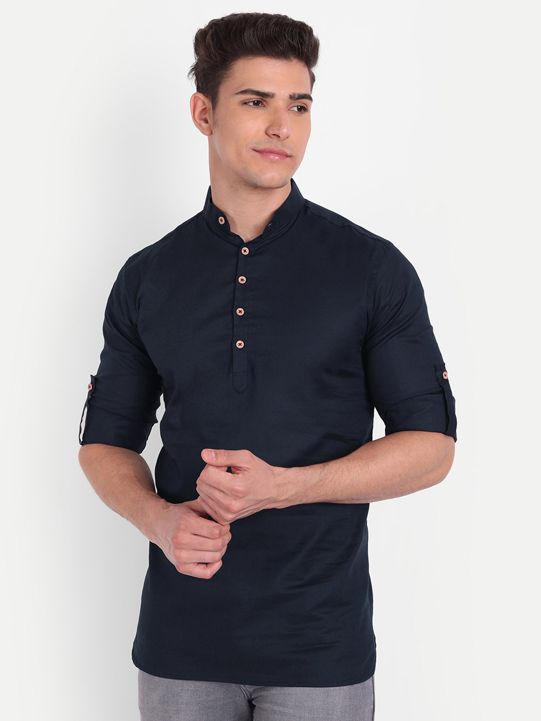 

Vida Loca Mandarin Collar Roll-Up Sleeves Cotton Short Kurta, Navy blue