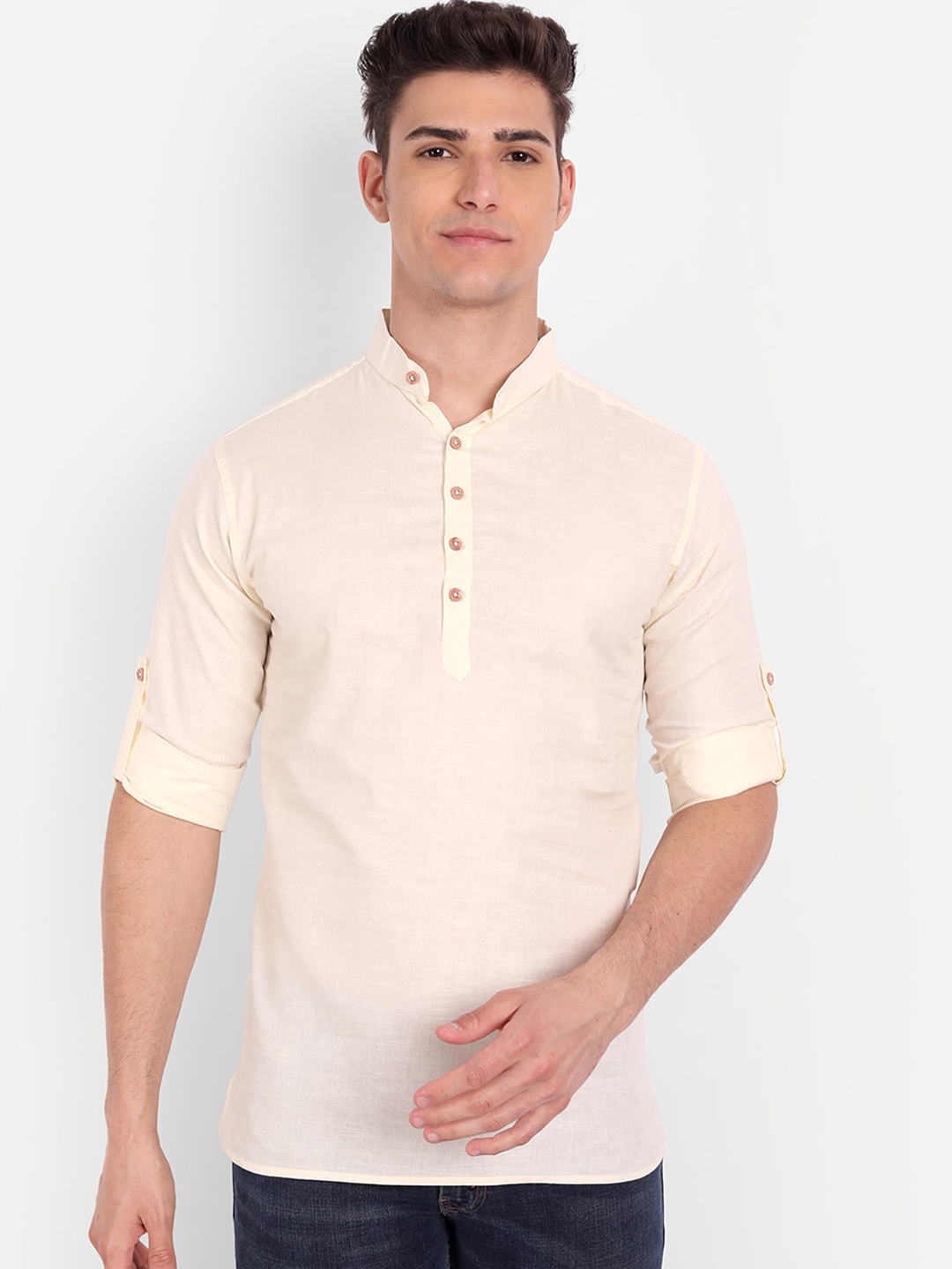 

Vida Loca Mandarin Collar Roll-Up Sleeves Pure Cotton Casual Straight Kurta, Beige