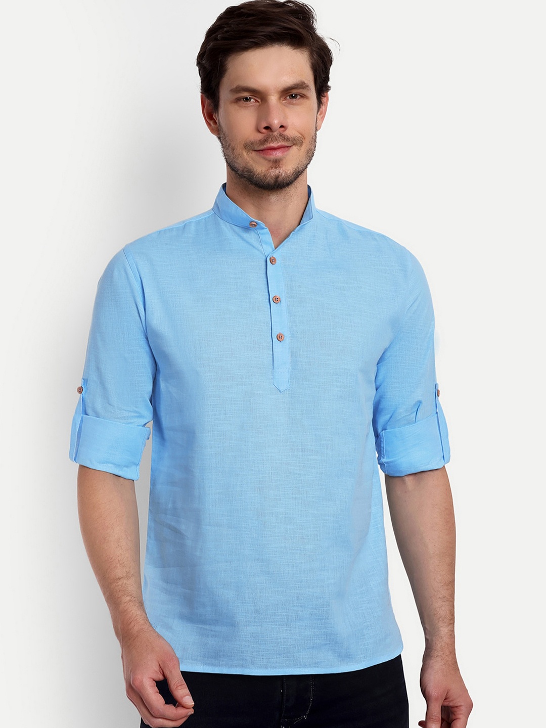 

Vida Loca Shirt Collar Roll-Up Sleeves Cotton Pathani Short Kurta, Blue