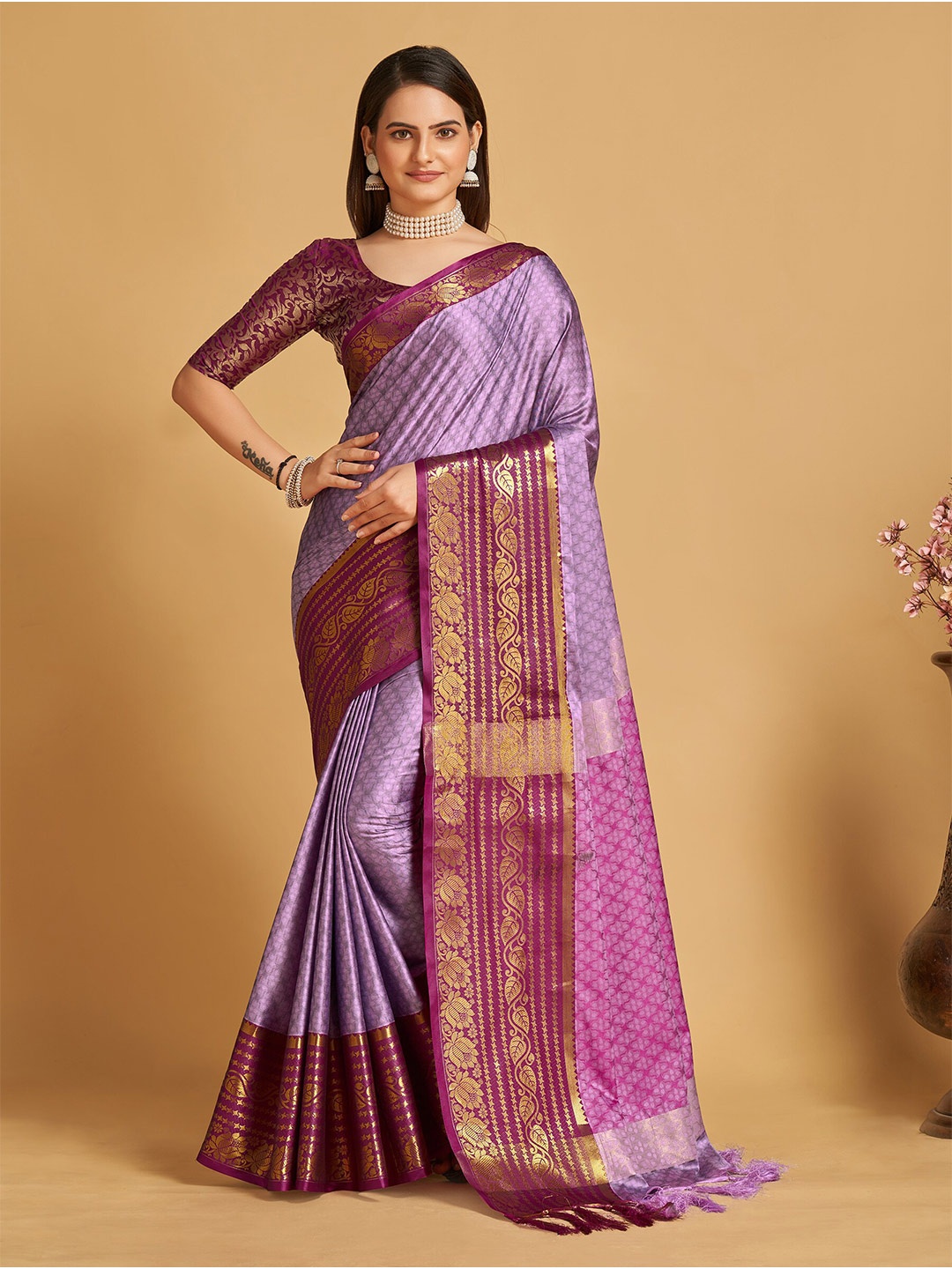 

Anjaneya Sarees Woven Design Zari Silk Blend Banarasi Saree, Purple