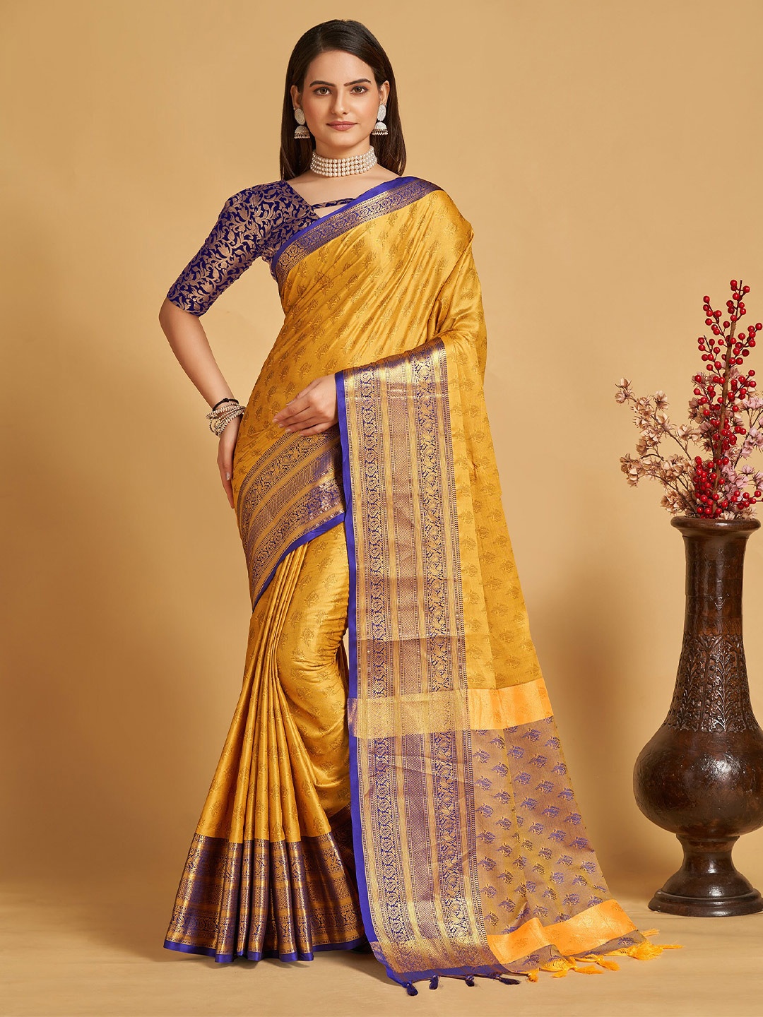 

Anjaneya Sarees Ethnic Motifs Woven Design Zari Saree, Mustard
