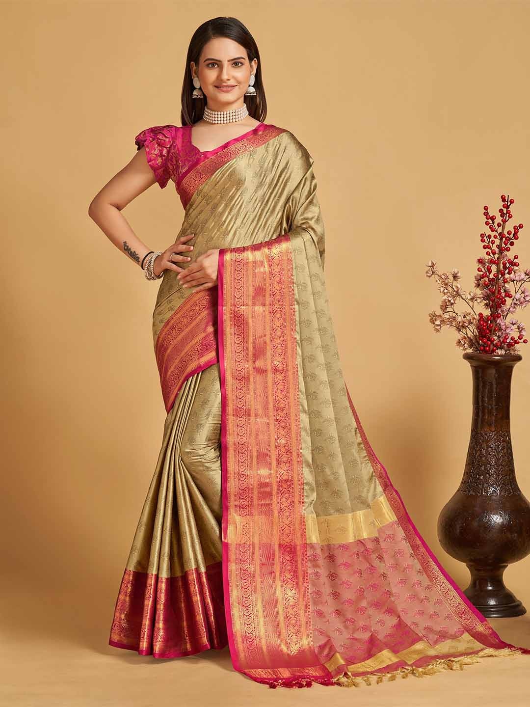 

Anjaneya Sarees Ethnic Motifs Woven Design Zari Detail Banarasi Saree, Gold