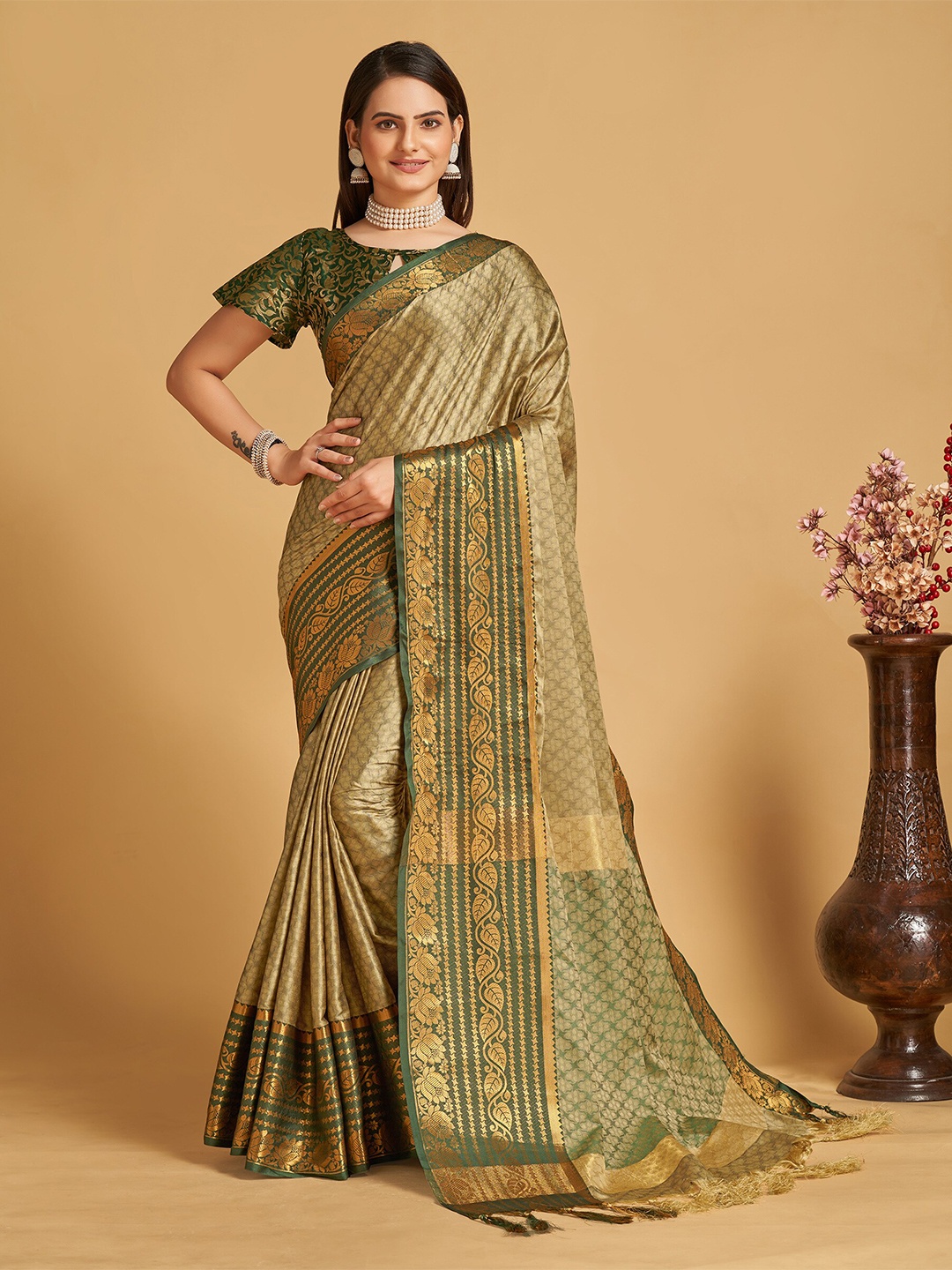 

Anjaneya Sarees Woven Design Zari Silk Blend Banarasi Saree, Green