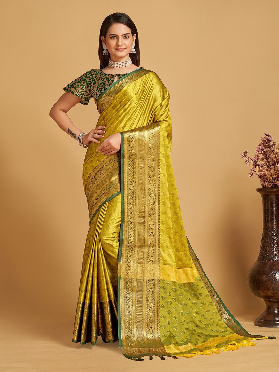 

Anjaneya Sarees Ethnic Motifs Woven Design Zari Detail Banarasi Saree, Yellow