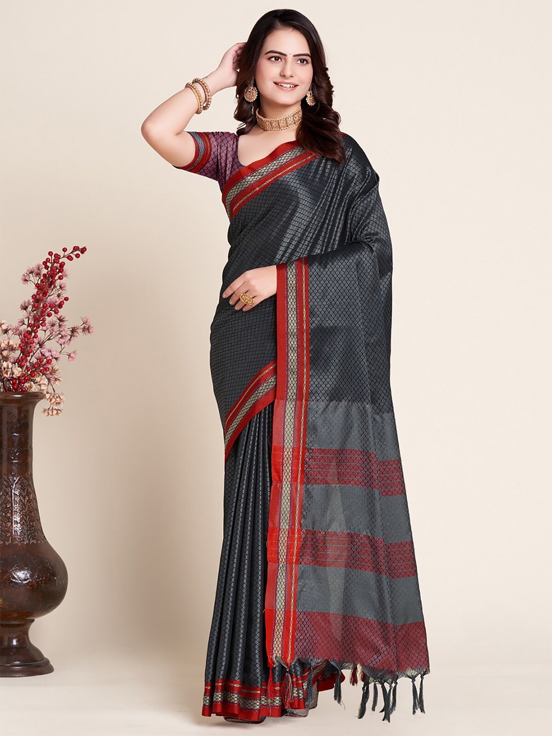 

Anjaneya Sarees Ethnic Motifs Woven Design Zari Saree, Grey