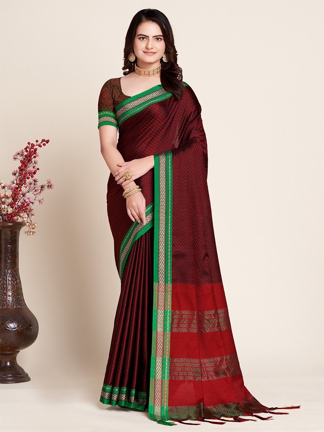 

Anjaneya Sarees Ethnic Motifs Woven Design Zari Saree, Maroon