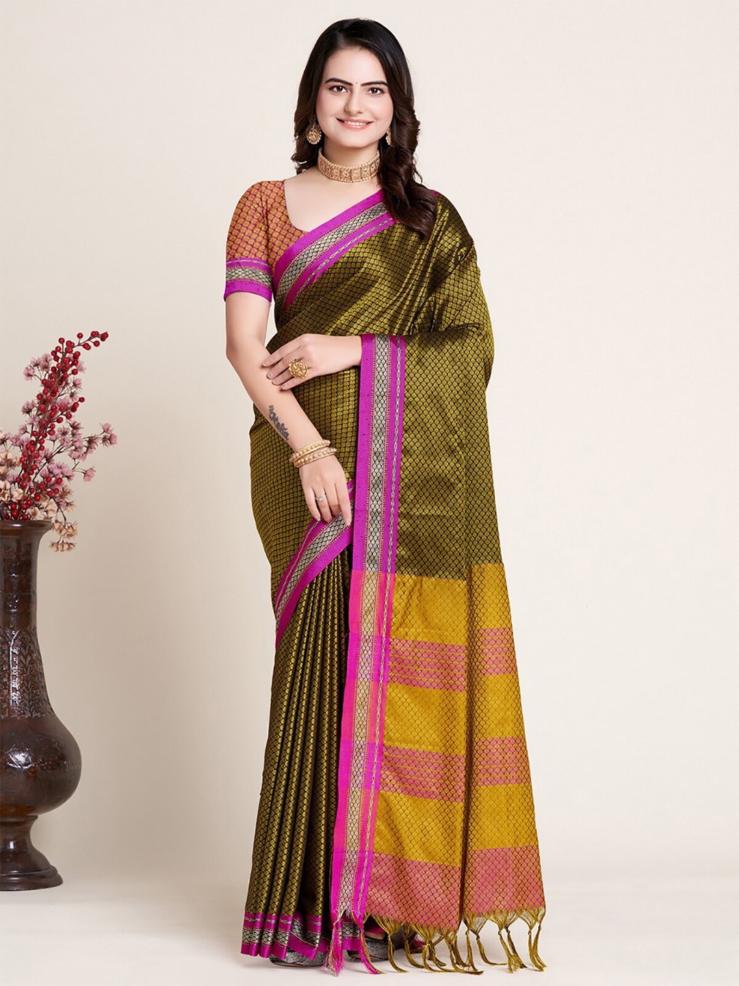 

Anjaneya Sarees Ethnic Motifs Woven Design Zari Detail Saree, Brown