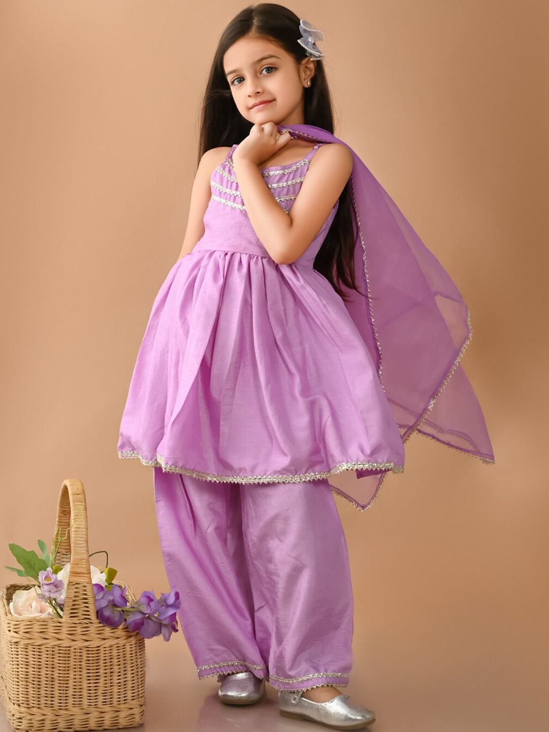 

LilPicks Girls Empire Gotta Patti Raw Silk Kurta with Sharara & Dupatta, Purple