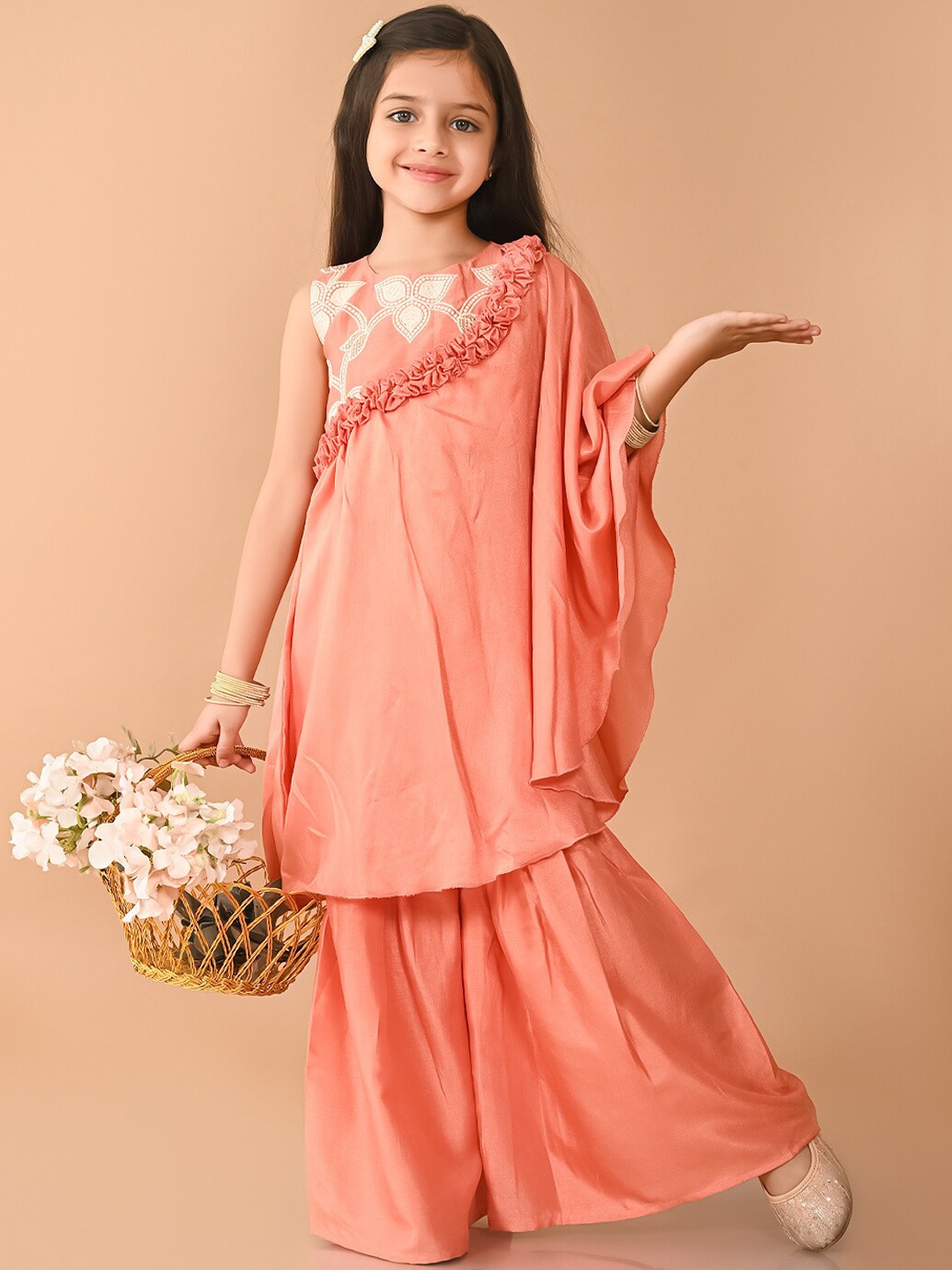 

LilPicks Girls Floral Embroidered Empire Thread Work Raw Silk Kurta with Sharara, Peach