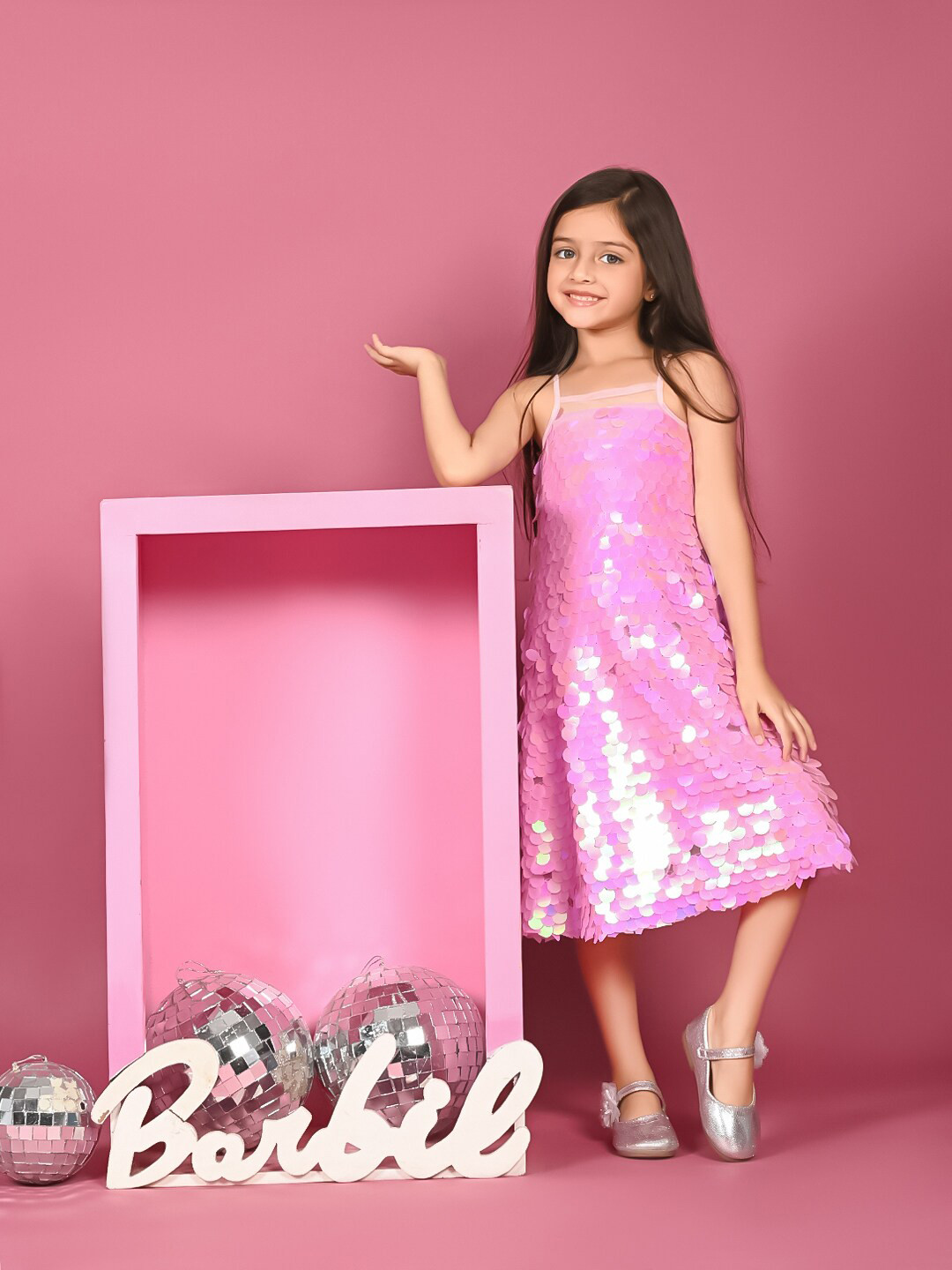 

LilPicks Girls Shoulder Straps Sequined Embellished A-Line Midi Dress, Pink