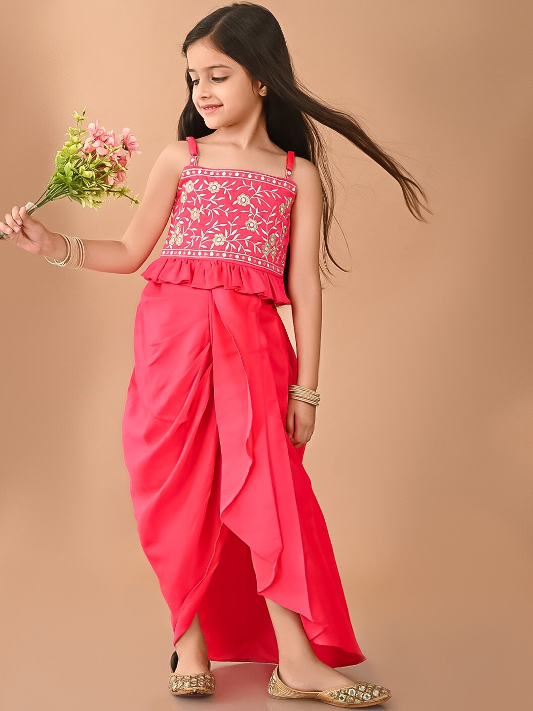

LilPicks Girls Embellished Top with Dhoti Pants, Pink