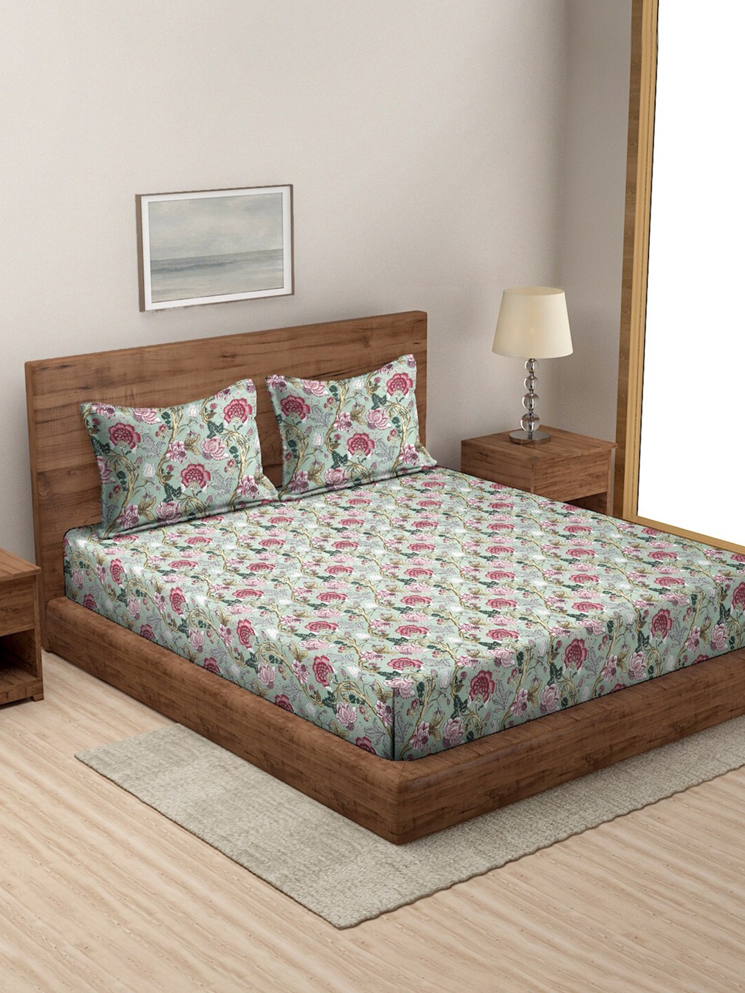 Rajasthan Decor Green & Pink Floral 160 TC Cotton King Bedsheet With 2 Pillow Covers