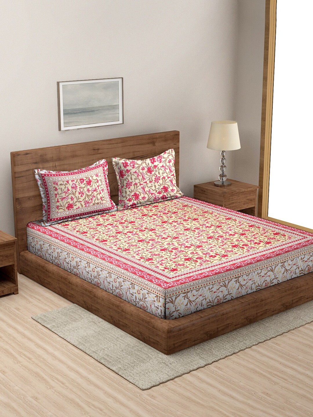 

Rajasthan Decor Red Ethnic Motifs Cotton 144 TC Queen Bedsheet With 2 Pillow Covers