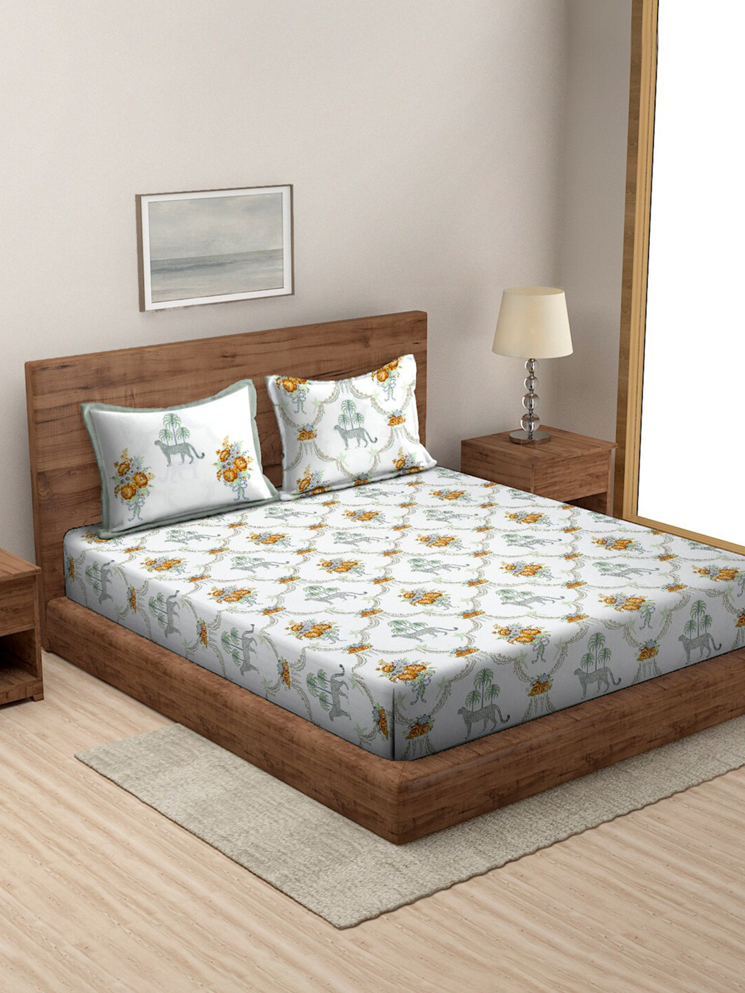

Rajasthan Decor White & Green Floral Cotton 180 TC King Bedsheet With 2 Pillow Covers