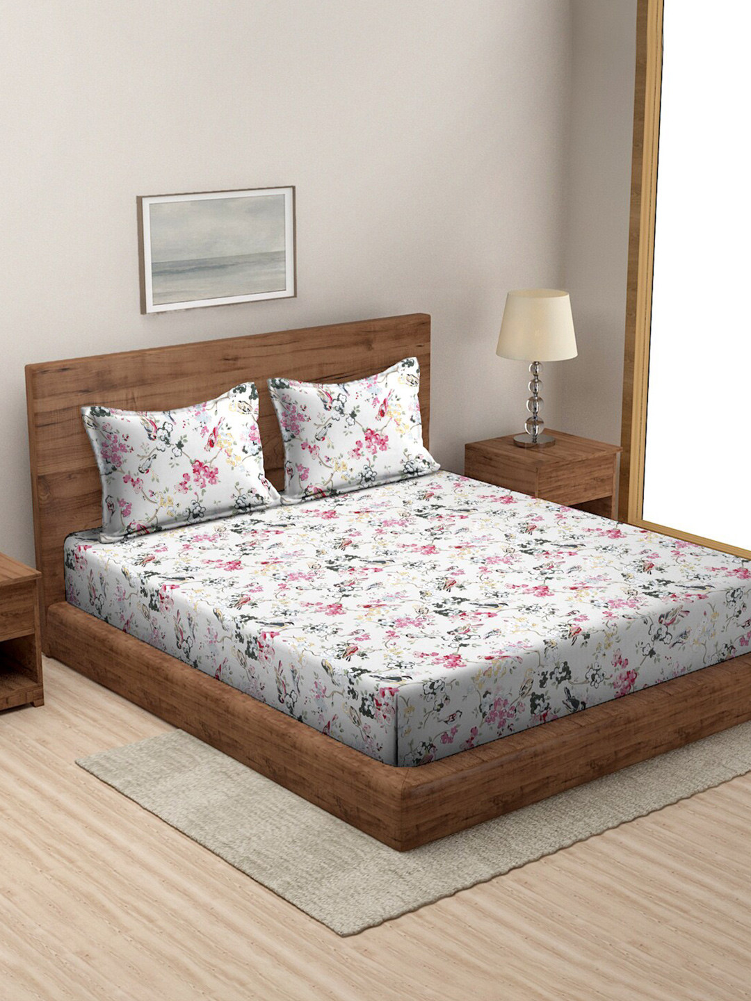 

Rajasthan Decor White & Pink Floral Print Cotton 160 TC King Bedsheet With 2 Pillow Covers