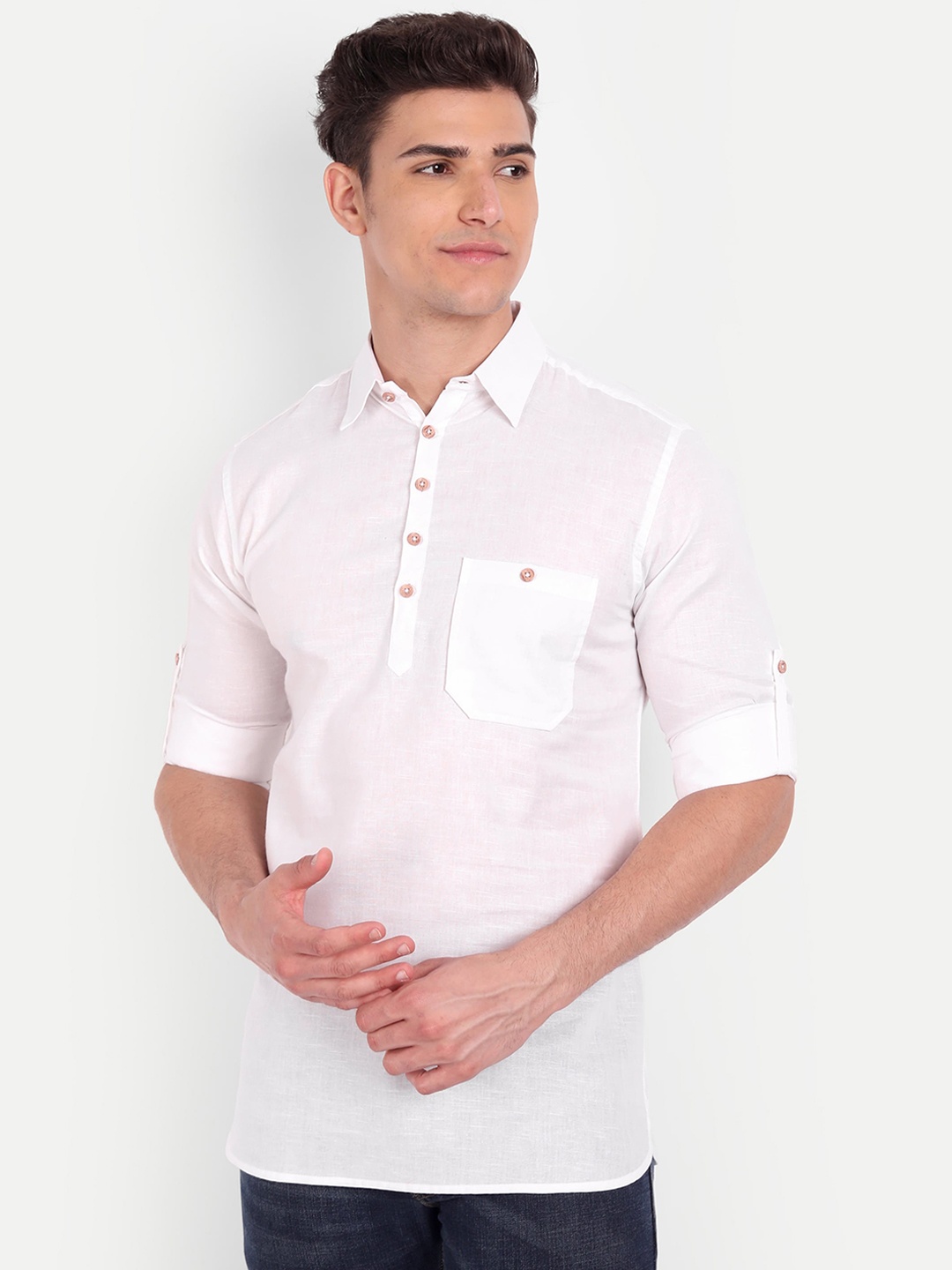 

Vida Loca Shirt Collar Roll-Up Sleeves Cotton Pathani Short Kurta, White