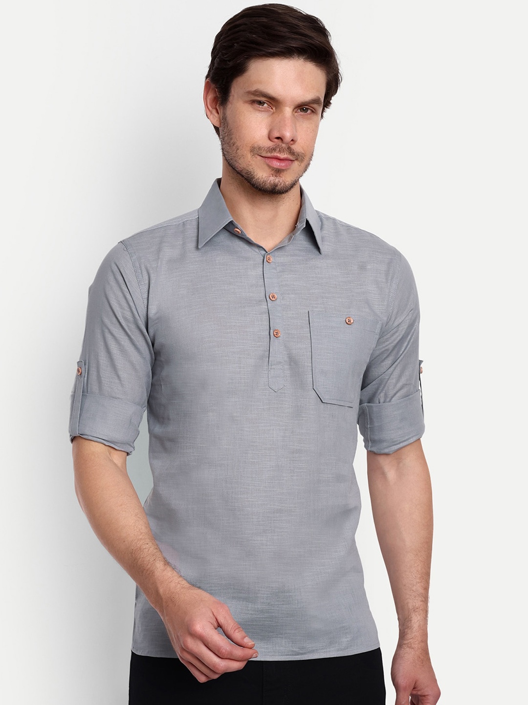 

Vida Loca Shirt Collar Roll-Up Sleeves Cotton Short Kurta, Grey