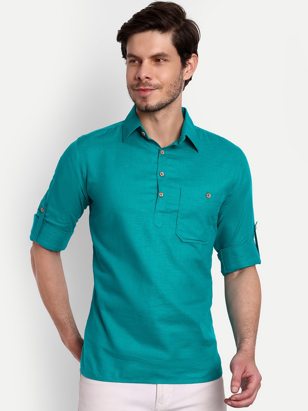 

Vida Loca Shirt Collar Roll-Up Sleeves Cotton Kurta, Teal