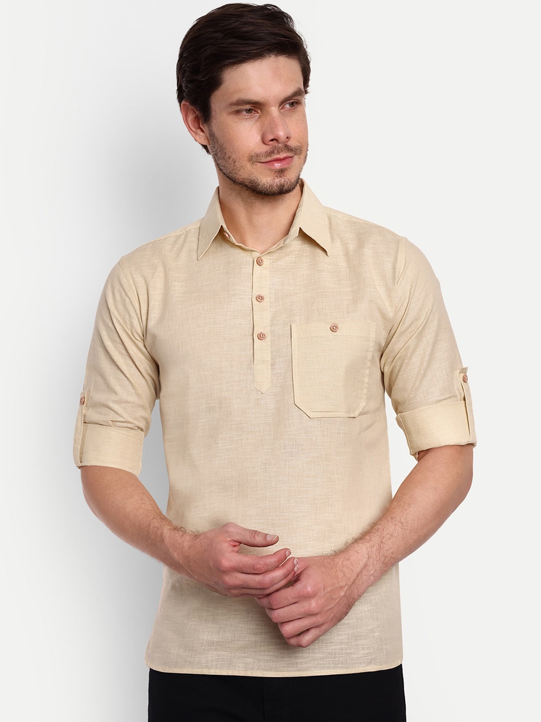 

Vida Loca Spread Collar Roll-Up Sleeves Pure Cotton Casual Straight Kurta, Beige