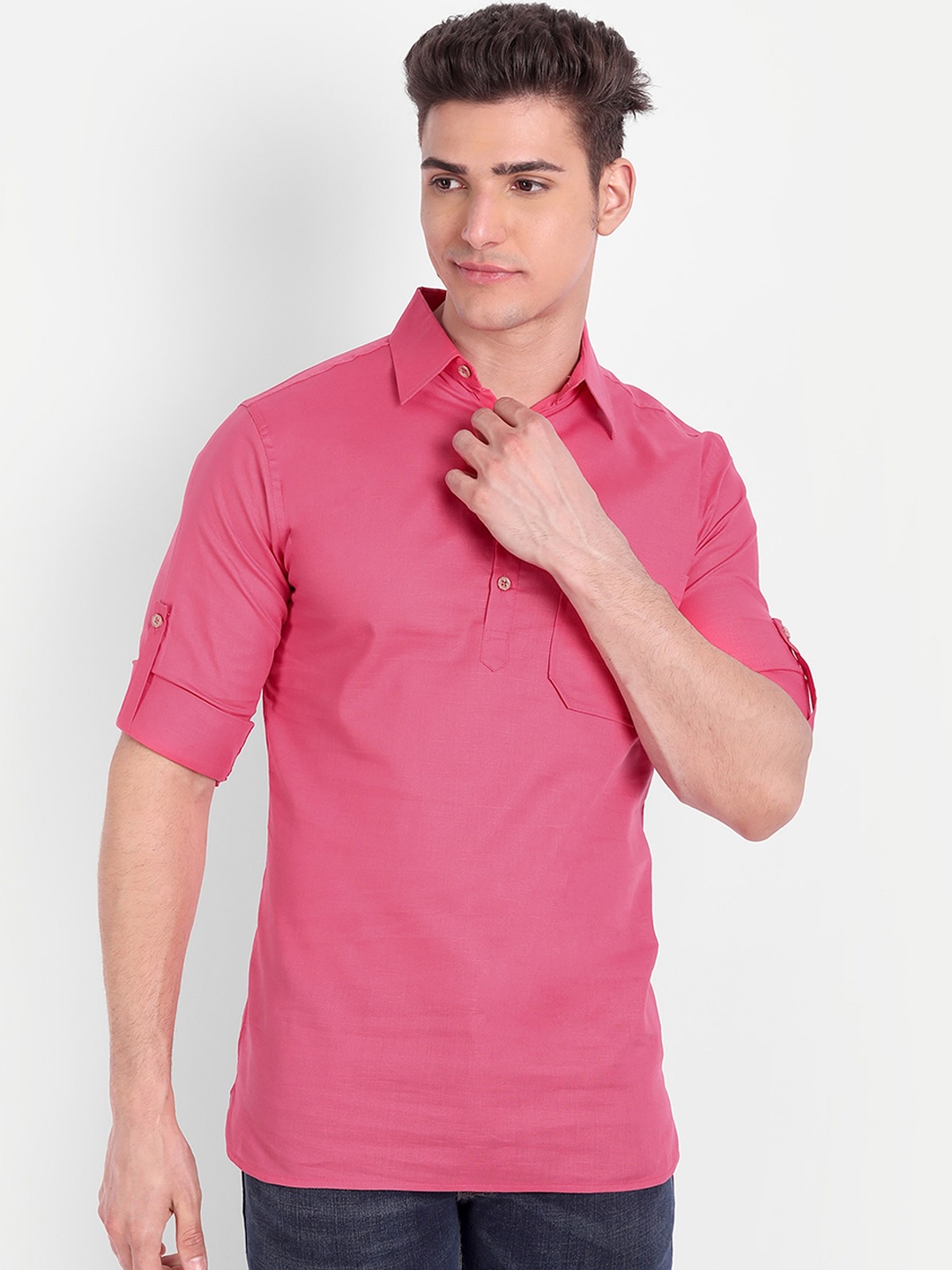 

Vida Loca Spread Collar Roll-Up Sleeves Pure Cotton Casual Straight Kurta, Pink