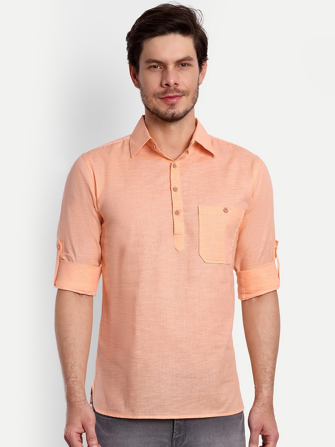 

Vida Loca Shirt Collar Roll-Up Sleeves Cotton Pathani Short Kurta, Orange