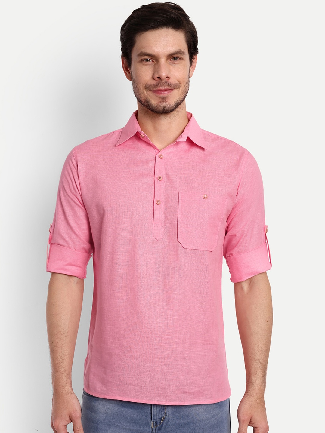 

Vida Loca Shirt Collar Roll-Up Sleeves Cotton Short Kurta, Pink