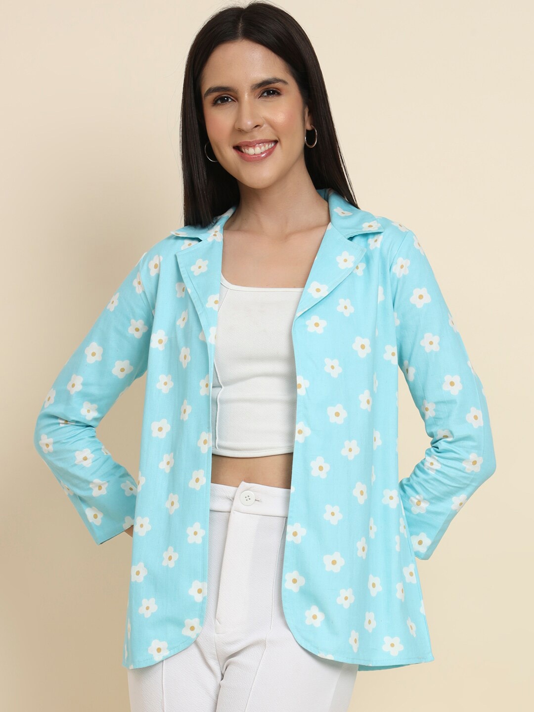 

HERE&NOW Floral Printed Open Front Casual Blazers, Turquoise blue