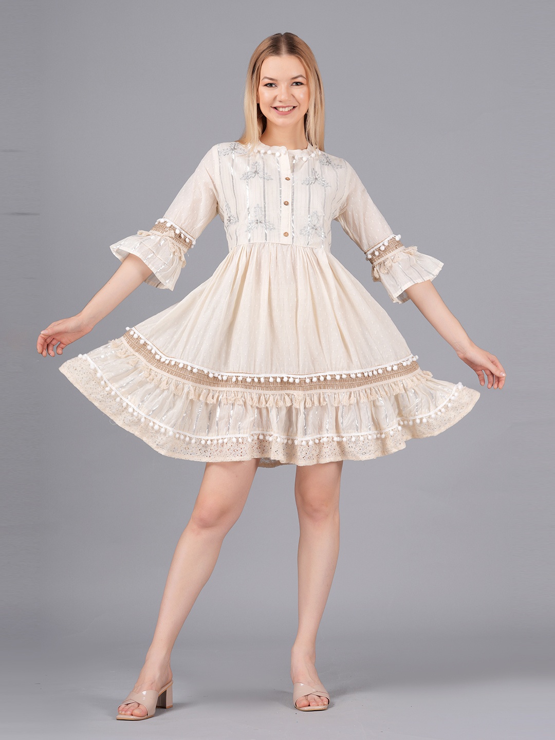 

KPF Self Design Band Collar Bell Sleeves Embroidered Cotton Fit & Flare Dress, Off white