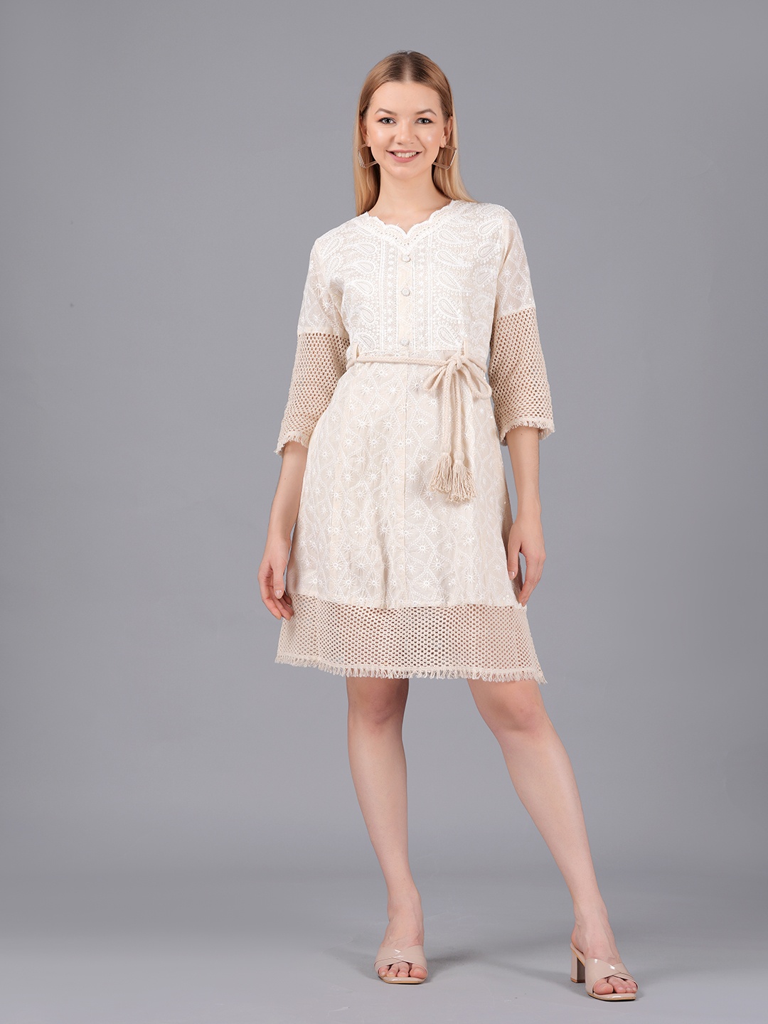 

KPF Paisley Embroidered V-Neck Lace Inserts Cotton Casual A-Line Dress, White