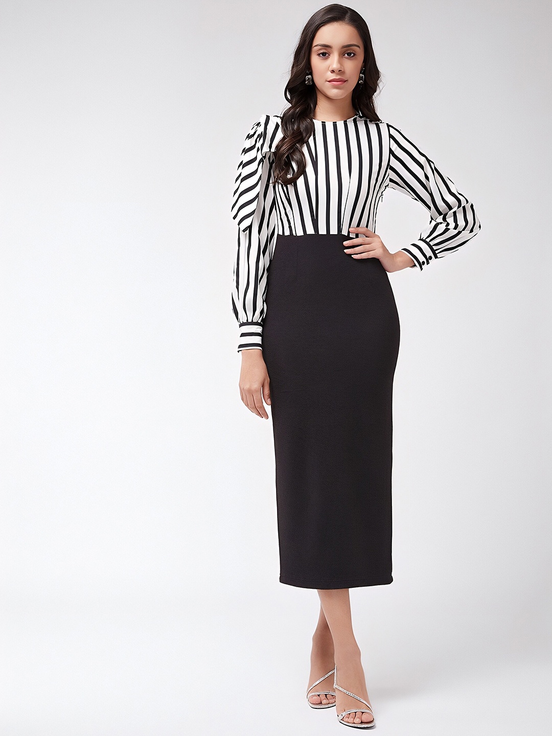 

SIDYAL Striped Cuffed Sleeves Sheath Midi Dress, Black