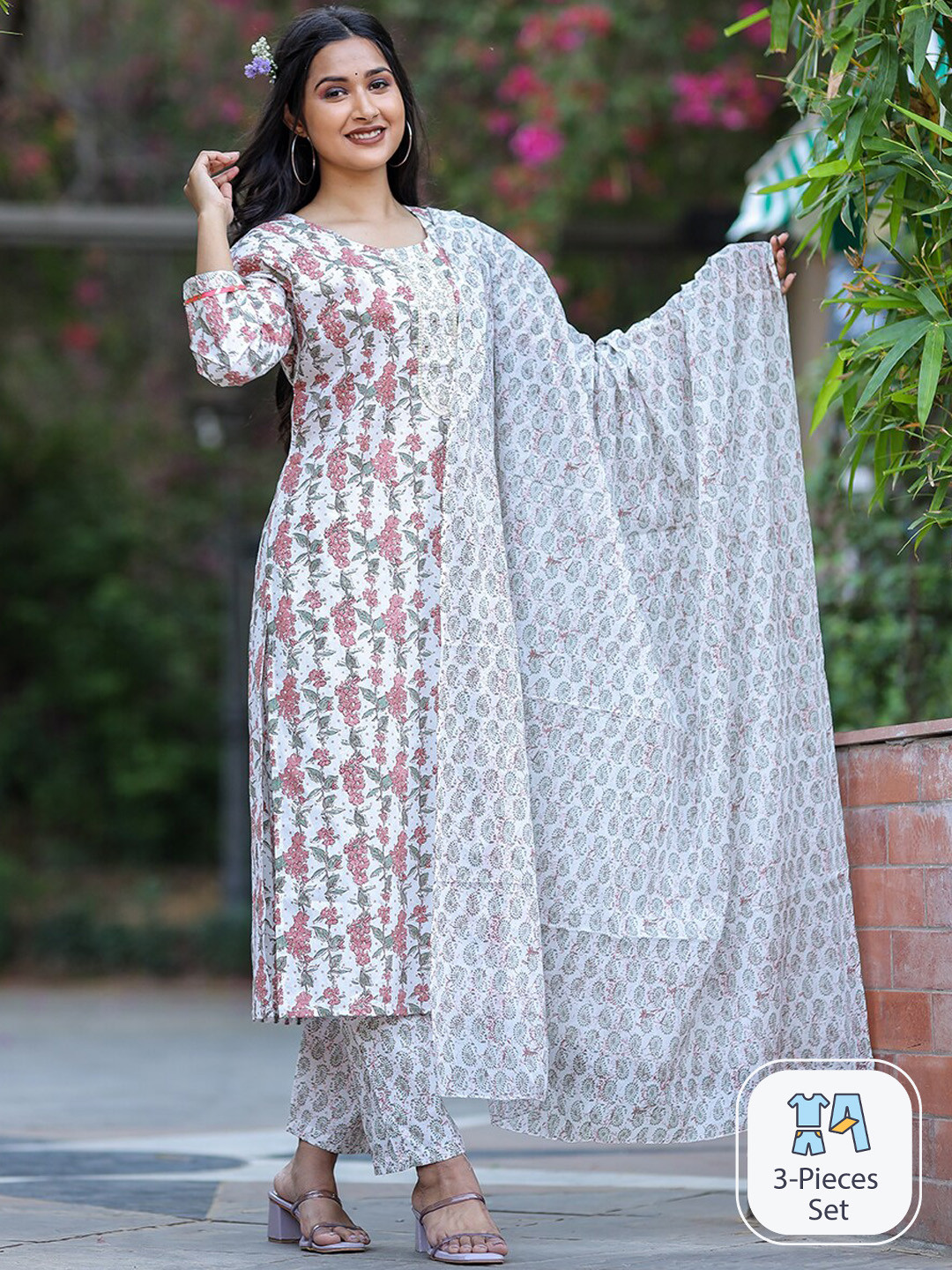 

KALINI Floral Printed Mirror Work Pure Cotton Straight Kurta & Trousers With Dupatta, Grey